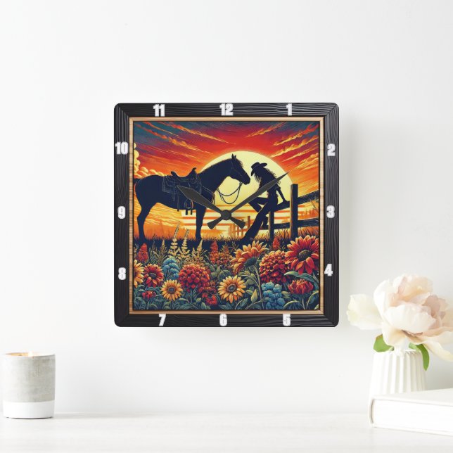 Western-Szene - Pferd, Reiter, Sonnenuntergang Quadratische Wanduhr (Zuhause)
