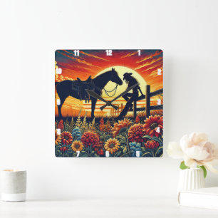 Western-Szene - Pferd, Reiter, Sonnenuntergang Quadratische Wanduhr