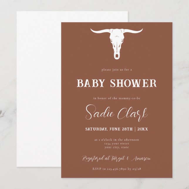 Western Terracotta Longhorn Baby shower Invitation (Devant / Derrière)