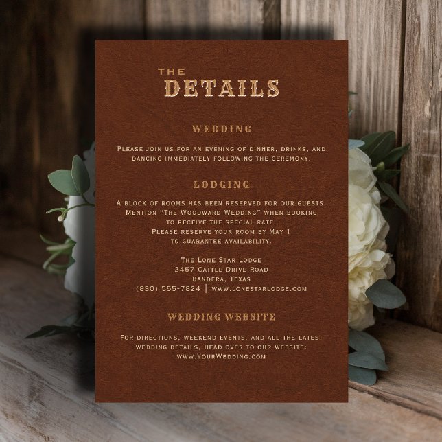 Western Terracotta Wedding Details Enclosure Card Begleitkarte (country rustic cowboy wedding details card faux tooled leather terracotta rust western barn)