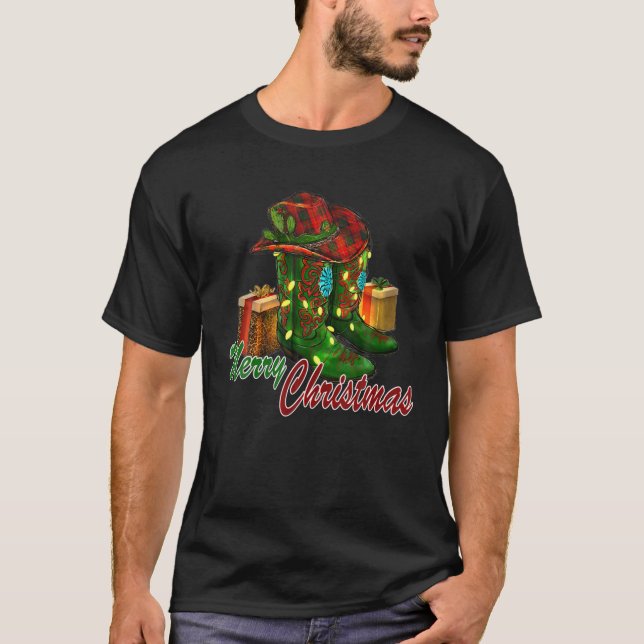 Western Texas Cowboy Boots Hat frohe Weihnachtskuh T-Shirt (Vorderseite)