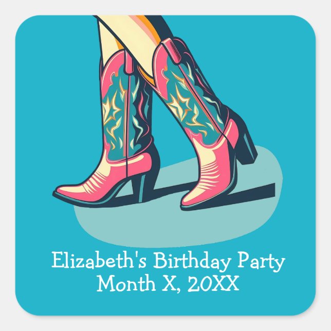 Western Theme Cowgirl Boots Girl Birthday Party Quadratischer Aufkleber (Vorderseite)