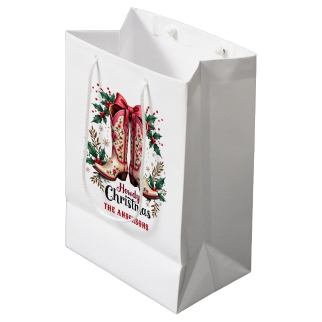 Western Theme Howdy Christmas Cowgirl Boots Mittlere Geschenktüte (Vorderseite Schrägansicht)