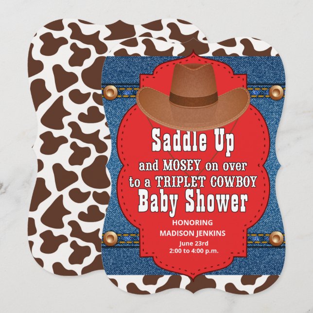 Western Triplet Cowboys Kinderdusche Einladung (Vorne/Hinten)