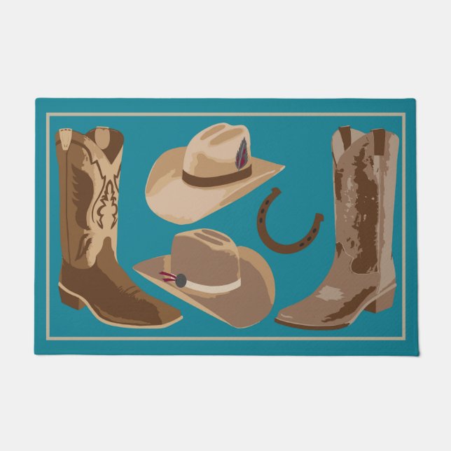 Western Türkis Aquamarin Blue Brown Cowboy Boots H Fußmatte (Vorderseite)