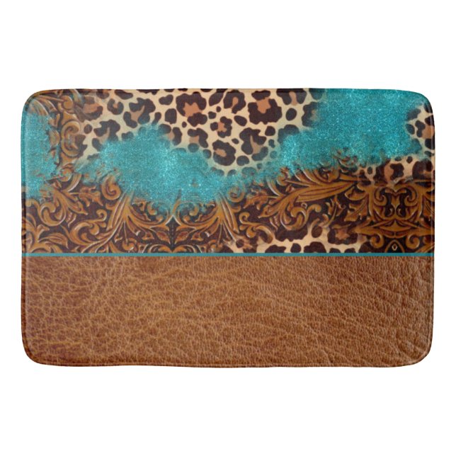 Western Türkis Glitzer Geblüht Leather Leopard Badematte (Vorderseite)