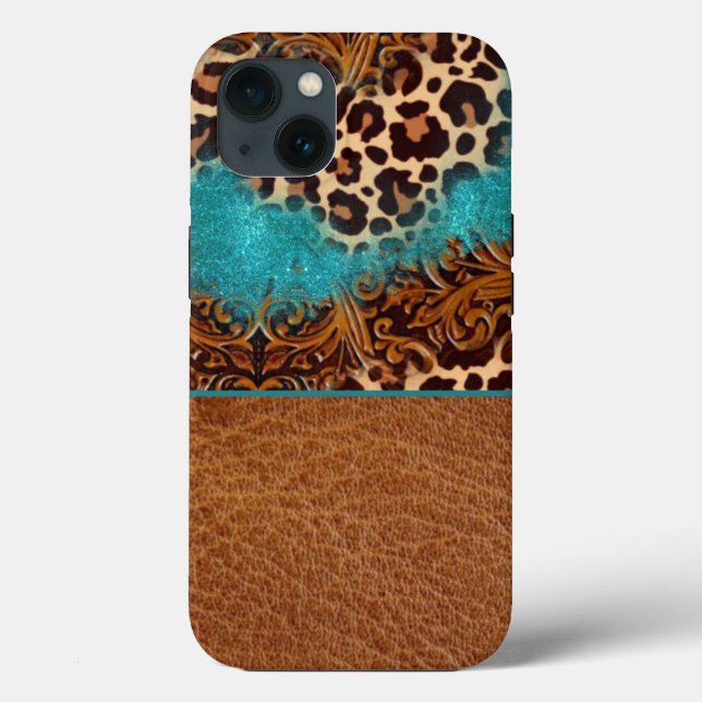 Western Türkis Glitzer Geblüht Leather Leopard Case-Mate iPhone Hülle (Rückseite)