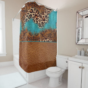 Western Türkis Glitzer Geblüht Leather Leopard Duschvorhang