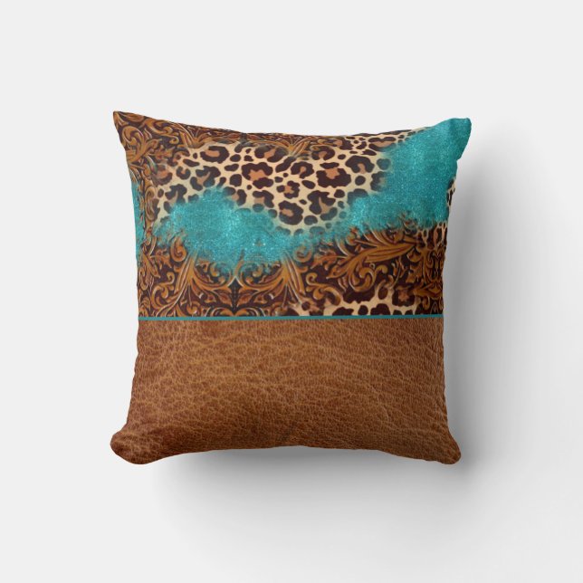 Western Türkis Glitzer Geblüht Leather Leopard Kissen (Vorderseite)