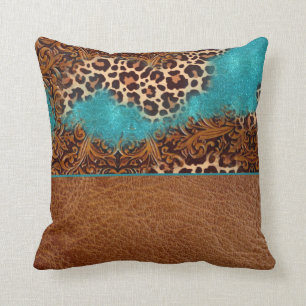 Western Türkis Glitzer Geblüht Leather Leopard Kissen