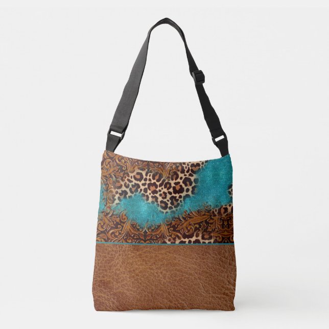 Western Türkis Glitzer Leather Blühte Leopard Tragetaschen Mit Langen Trägern (Vorderseite)