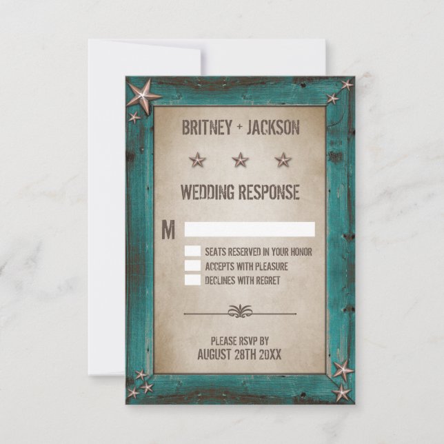 Western Türkise Barn Wood Wedding RSVP Cards (Vorderseite)