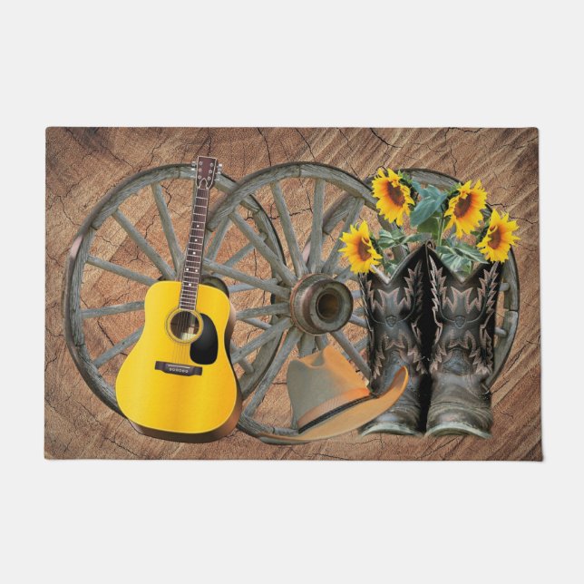 Western Wagon Wheel Gitarre Cowboy Stiefel Sonnenb Fußmatte (Vorderseite)