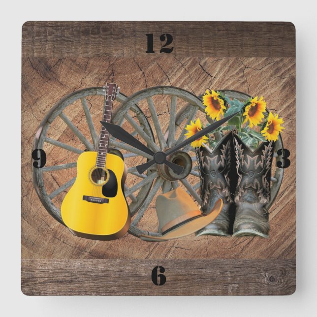 Western Wagon Wheel Guitar Cowboy Boots Sunflower  Quadratische Wanduhr (Vorderseite)