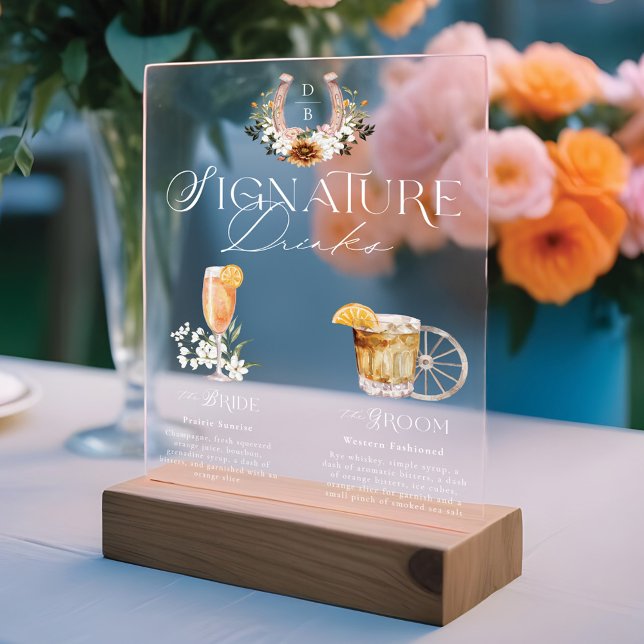 Western Watercolor Bride & Groom Signature Boisson (Western Watercolor Bride & Groom Signature Drinks Acrylic Sign)