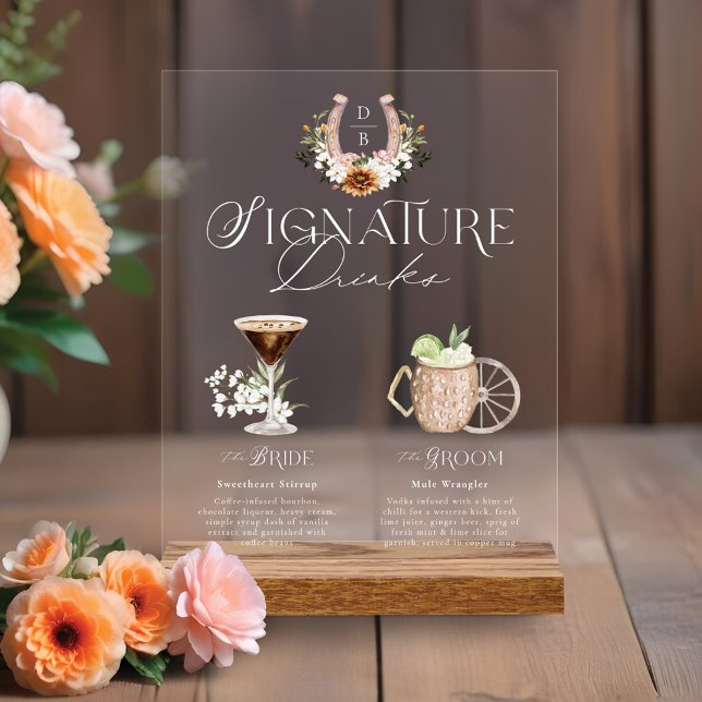 Western Watercolor Bride & Groom Signature Boisson (Western Watercolor Bride & Groom Signature Drinks Acrylic Sign)