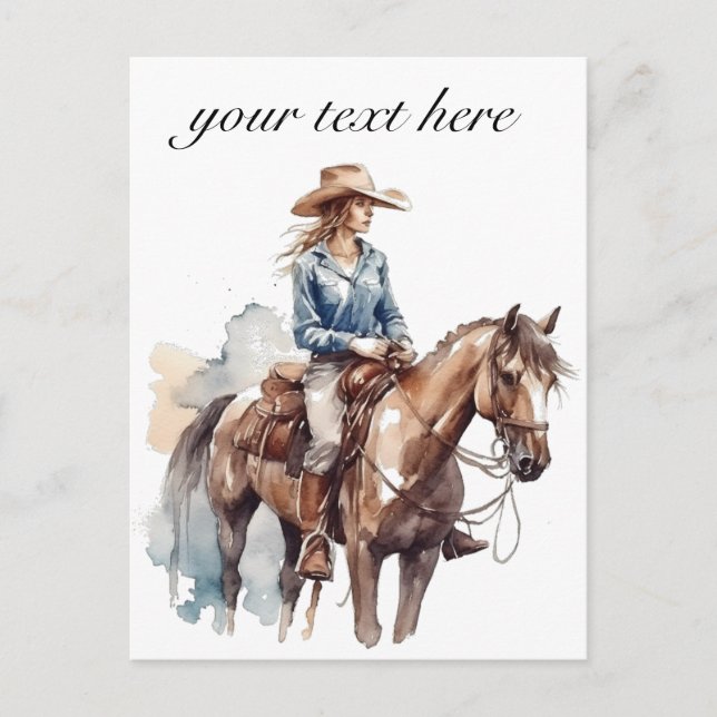 Western Watercolor Brünett Cowgirl, Custom Postkarte (Vorderseite)