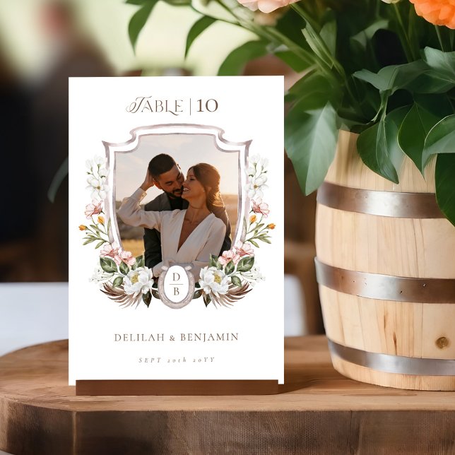 Western Wedding Boho Floral Foto Wappen Horseshoe Tischnummer (Western Wedding Boho Floral Photo Crest Horseshoe Table Number)