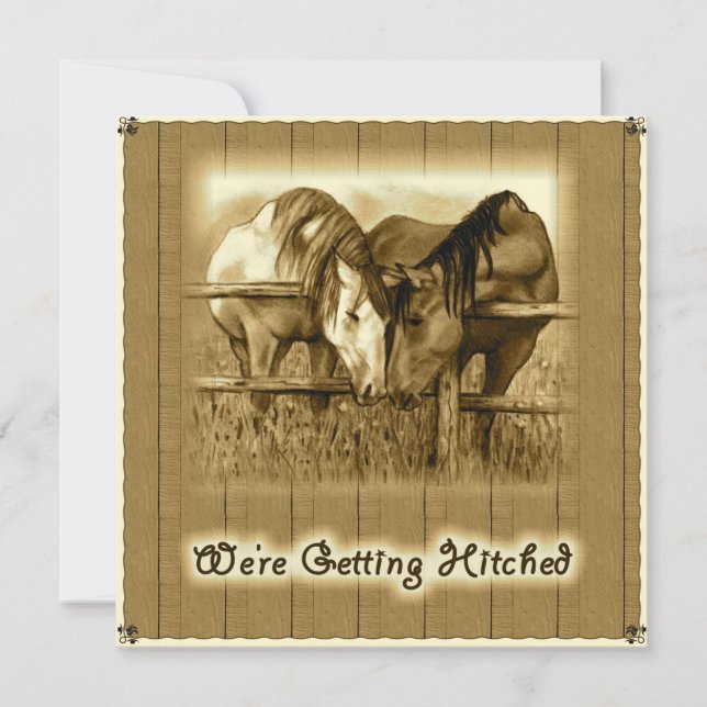 Western Wedding: Hitched: Pferde, Sepia Einladung (Vorderseite)