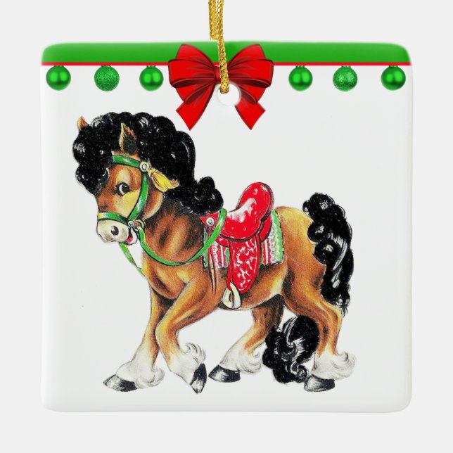 Western Weihnachten Kleines Pferdepony mit Sattel Keramikornament (Vorderseite)