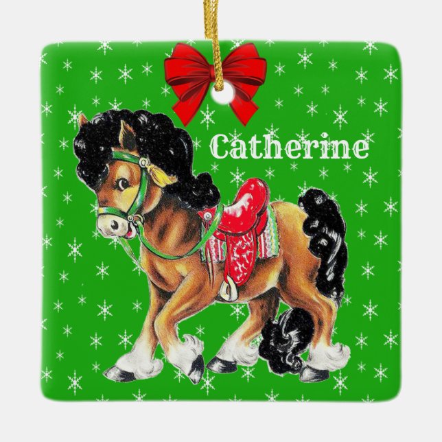 Western Weihnachten Kleines Pferdepony mit Sattel Keramikornament (Vorderseite)