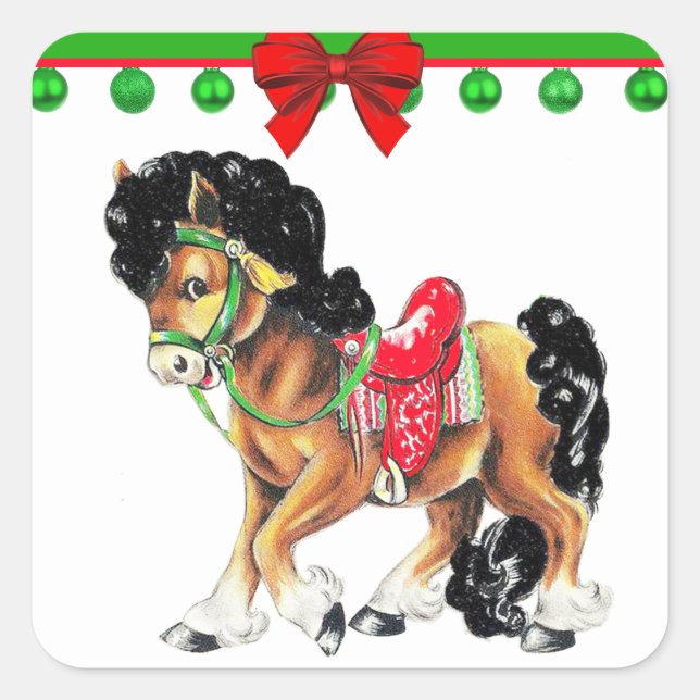 Western Weihnachten Kleines Pferdepony mit Sattel Quadratischer Aufkleber (Vorderseite)