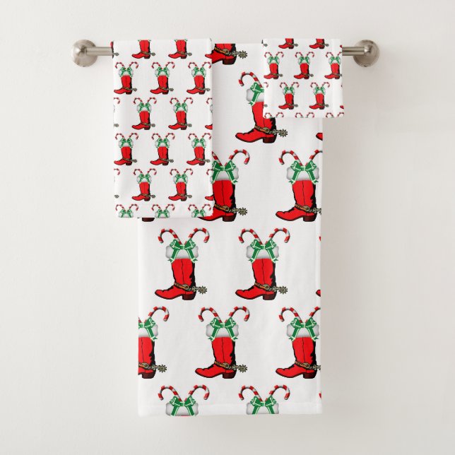 Western Weihnachts Cowboy Stiefel mit Candy Canes  Badhandtuch Set (Insitu)