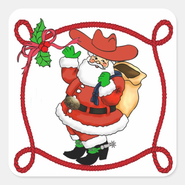 Western Weihnachts Cowboy Weihnachtskleber Quadratischer Aufkleber (Vorderseite)