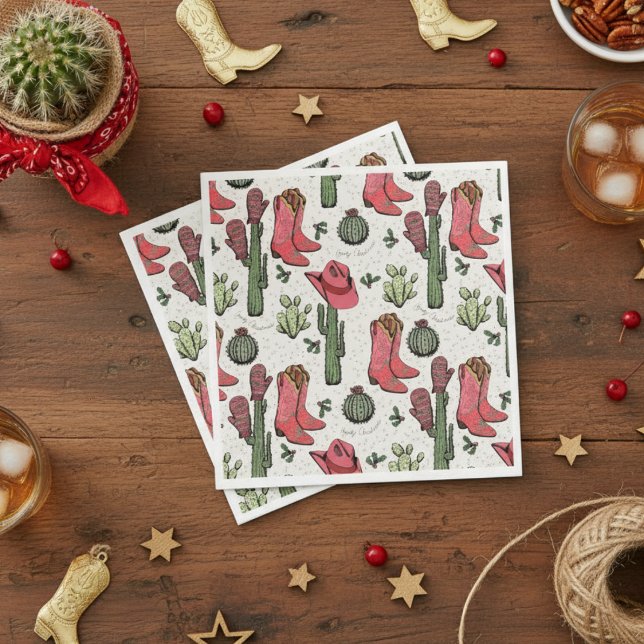 Western Weihnachts Cowgirl Boots Howdy Weihnachten Serviette (Western Howdy Christmas Ivory Paper Napkins. Pink & Red Xmas Cowgirl Boots, Succulents, Cacti)