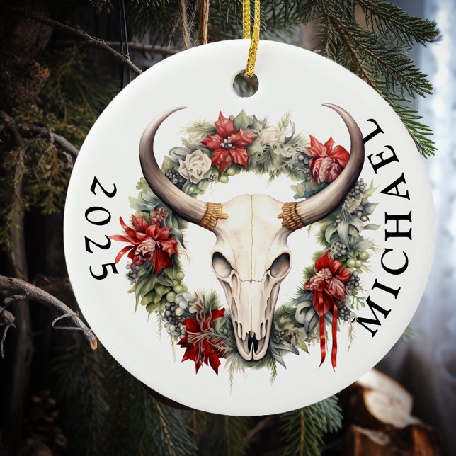 Western Weihnachtskuh Skull Monogramm Keramik Ornament (Von Creator hochgeladen)
