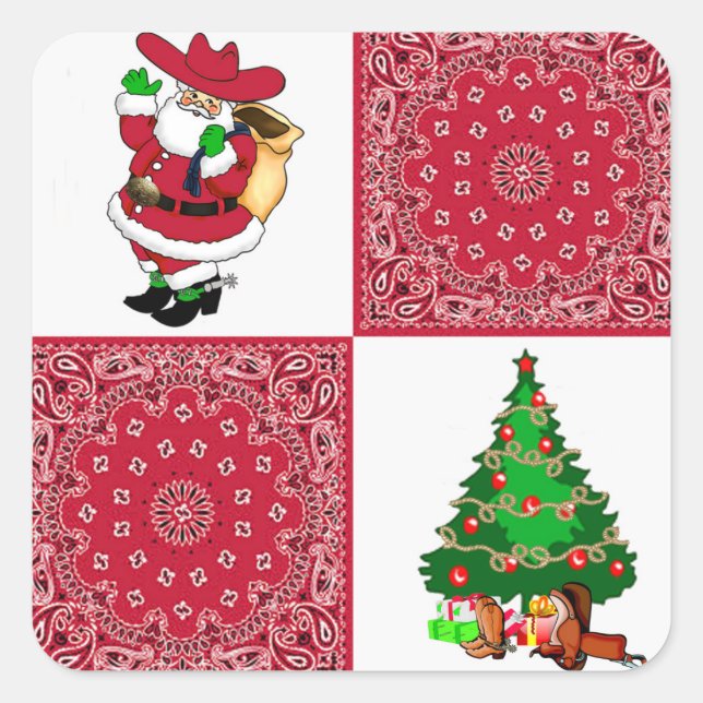 Western Weihnachtsmann mit Weihnachtsbaum Quadratischer Aufkleber (Vorderseite)