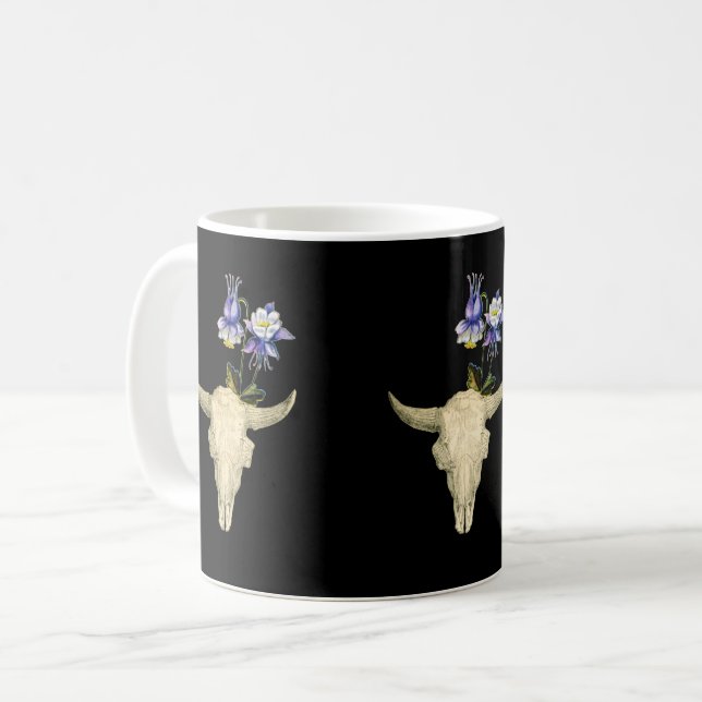 Western West Bull Kuh Skull LILA COLUMBINE Coff Kaffeetasse (Vorderseite Links)