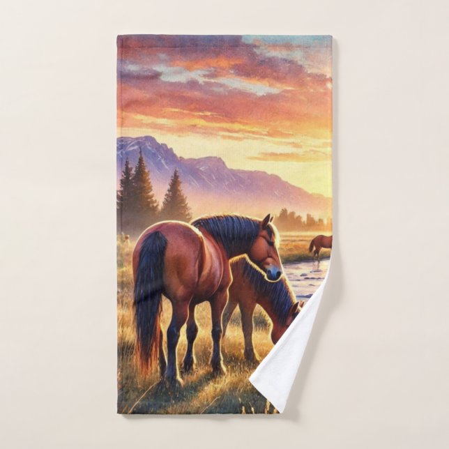 Western Wild Horses at Sunset Hand Towne (Serviette à main)