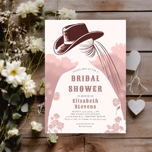 Western Wildblumen Rustikales rosa Chic Brautparty Einladung (western bridal shower invitation prairie wildflowers cowgirl cowboy hat dusty pink modern elegant)