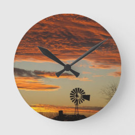 Western Windmill Sunset Runde Wanduhr