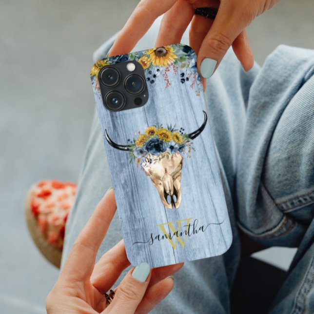 Western Wood Cow Skull Cowboy Blue Sonnenblume Case-Mate iPhone Hülle (Von Creator hochgeladen)