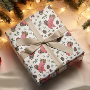 Western Xmas Cowboy Stiefel, Pinecones & Berries Geschenkpapier