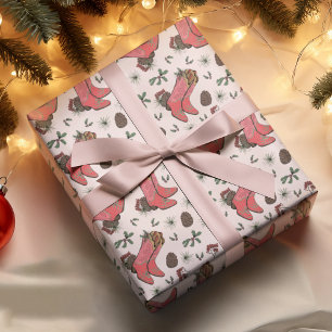 Western Xmas Cowboy Stiefel, Pinecones & Berries Geschenkpapier