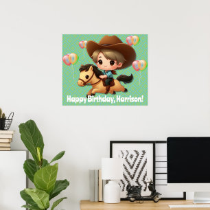 Western Young Cowboy on Horseback Birthday Poster