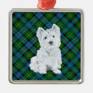 Westie auf Tartan Silbernes Ornament