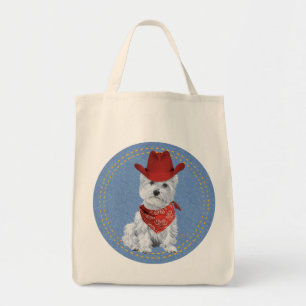 Westie Cowboy auf Jeansstoff Tragetasche