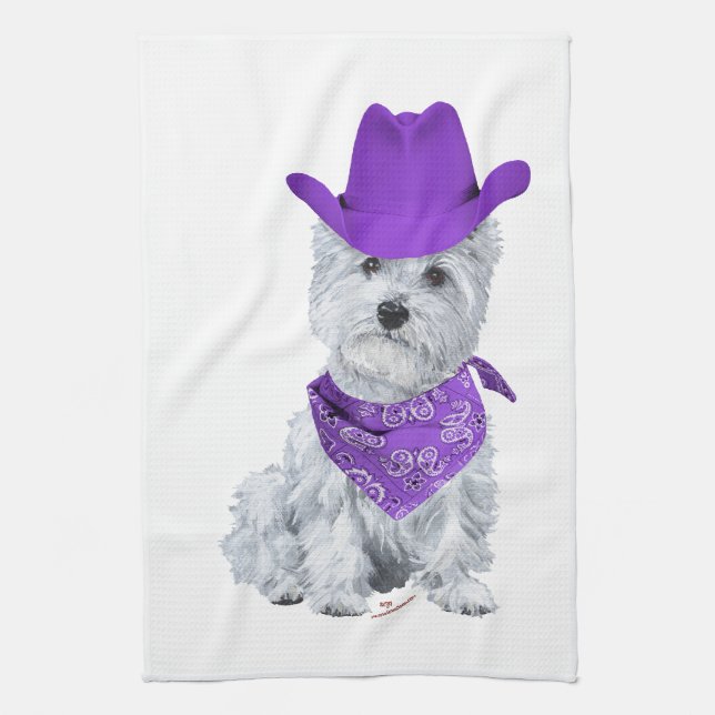 Westie Cowboy in Lila Geschirrtuch (Vertikal)