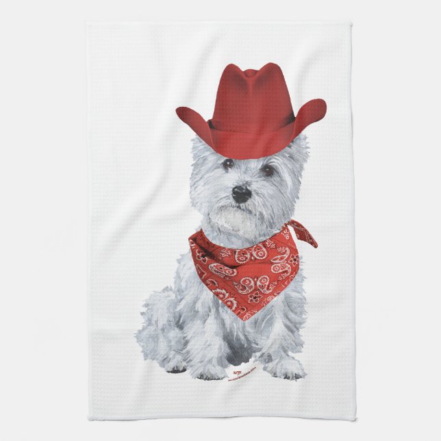Westie Cowboy in Red Geschirrtuch (Vertikal)