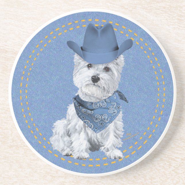 Westie Cowboy on Denim Getränkeuntersetzer (Vorne)