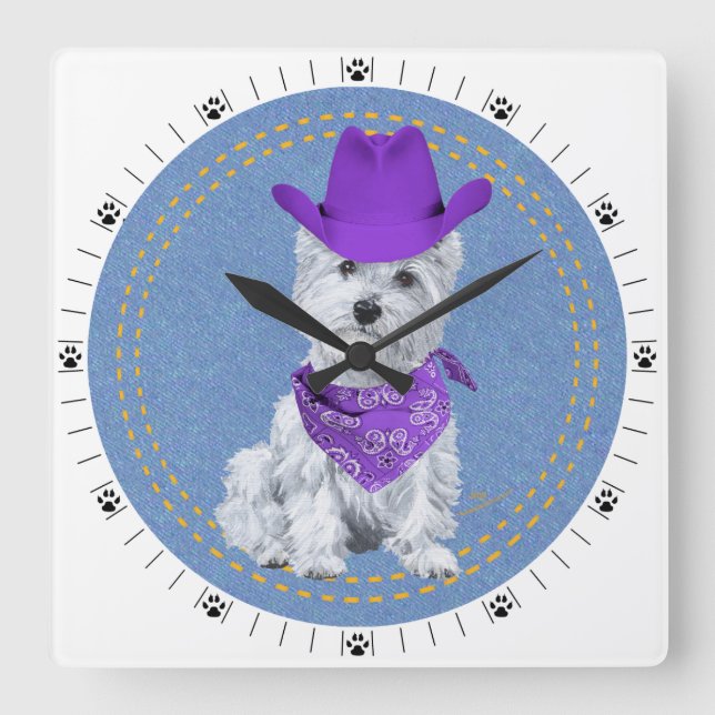 Westie Cowboy on Denim Quadratische Wanduhr (Vorderseite)