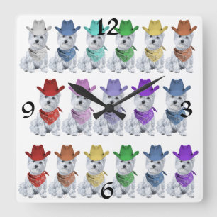 Westie Cowboys Alle in einer Reihe Quadratische Wanduhr