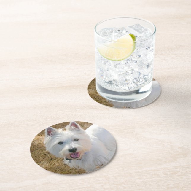 Westie Dog Party Fotovorlage Runder Pappuntersetzer (Vor Ort)