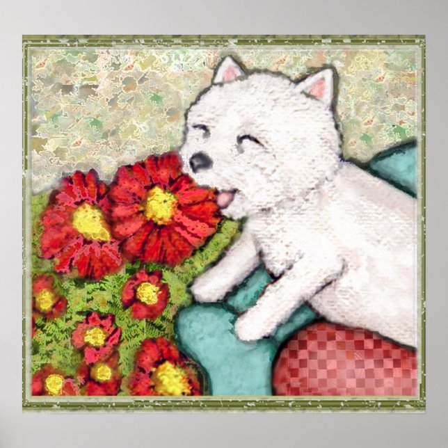Westie Dog With Flowers Poster (Vorne)