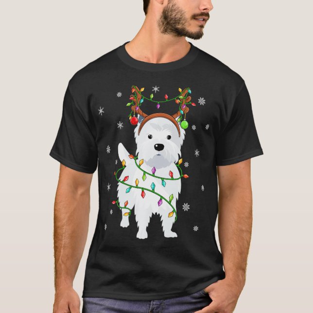 Westie Dog Xmas Lighting Reindeer Hat Westie Chris T-Shirt (Vorderseite)