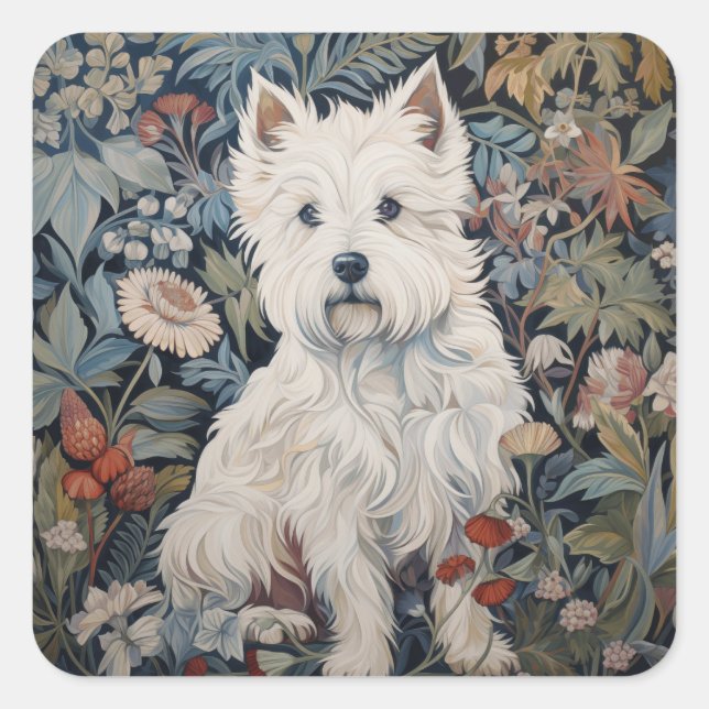 Westie Garden Tapestes im William Morris Style Quadratischer Aufkleber (Vorderseite)